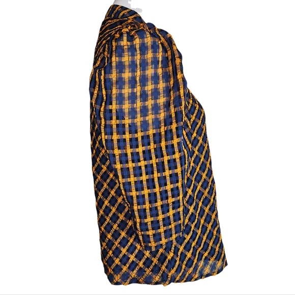 Eva Franco Anthropologie Textured Blue Yellow Plaid Blouse Size 2 Puff Sleeves - Picture 5 of 16